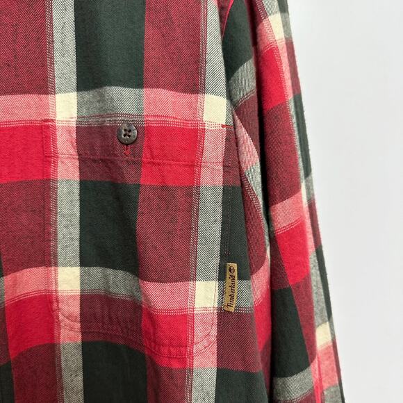 Timberland Flannel Shirt Button Down Plaid Checkered Red Green Cotton Large - Picture 4 of 5